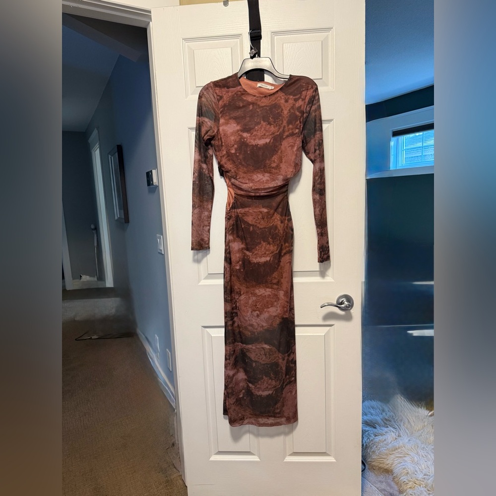 Chic Long Sleeve Brown Tie-Dye High Low Dress